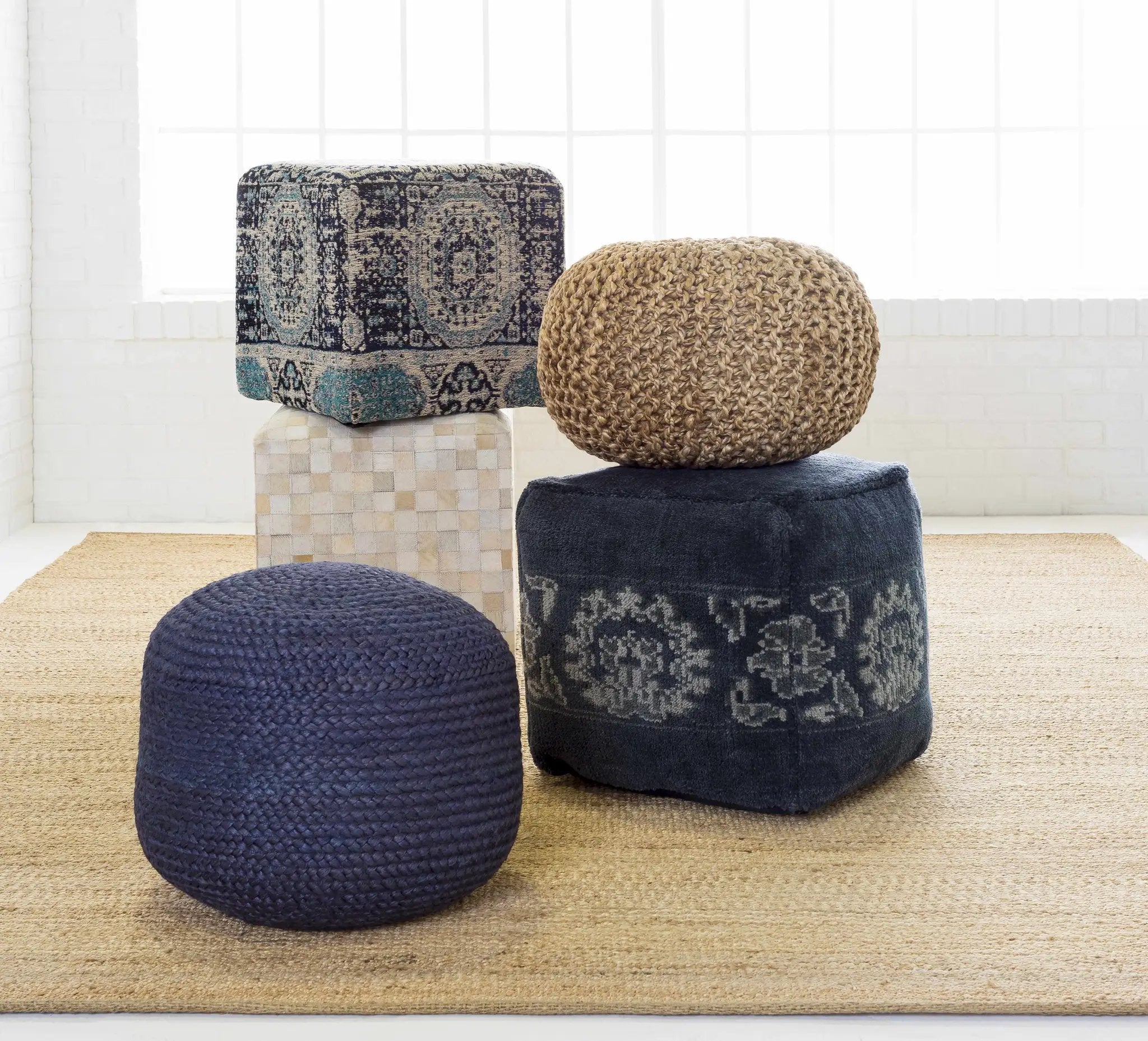 Gail Navy Jute Knitted Pouf by Boutique Rugs