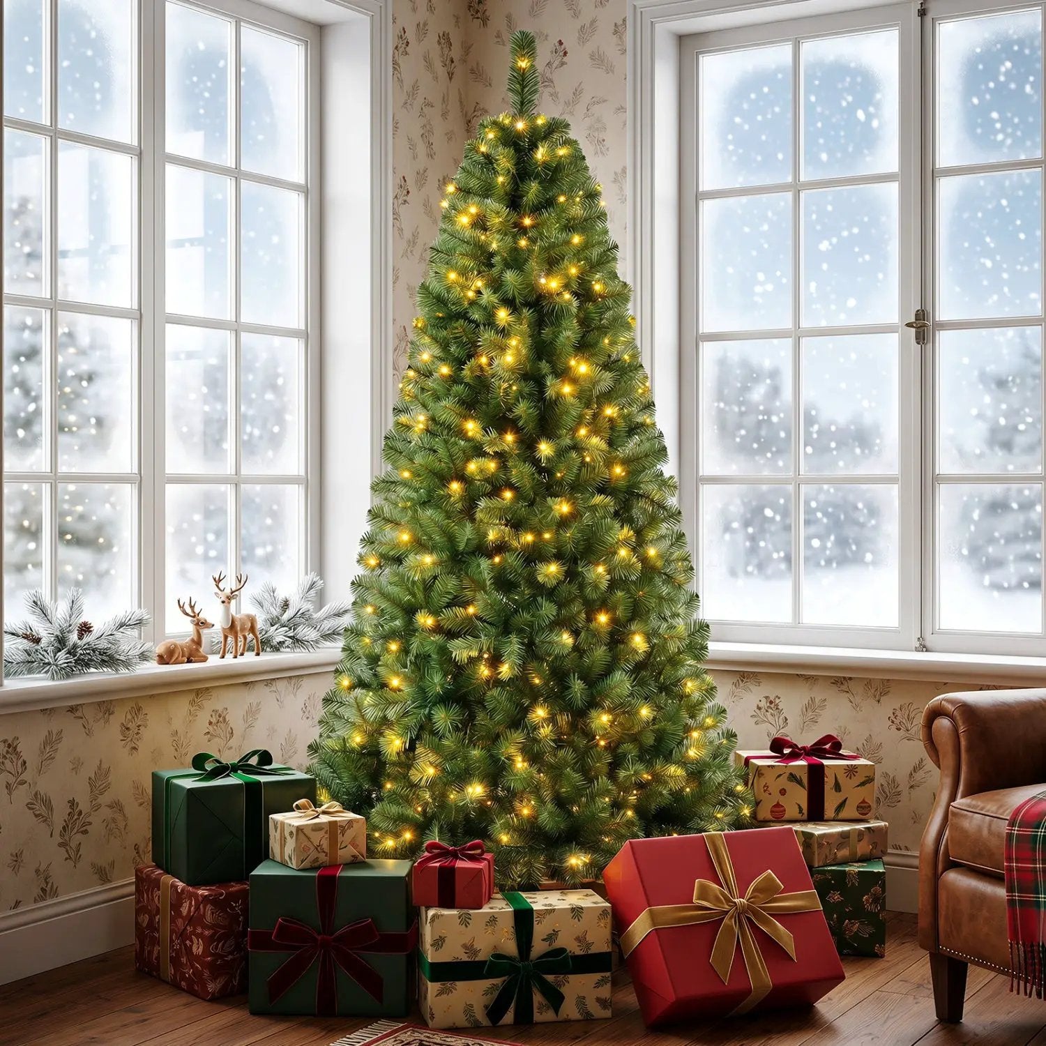 6-8 Ft Pre-Lit Artificial Christmas Tree with Remote Control by DirectDeals