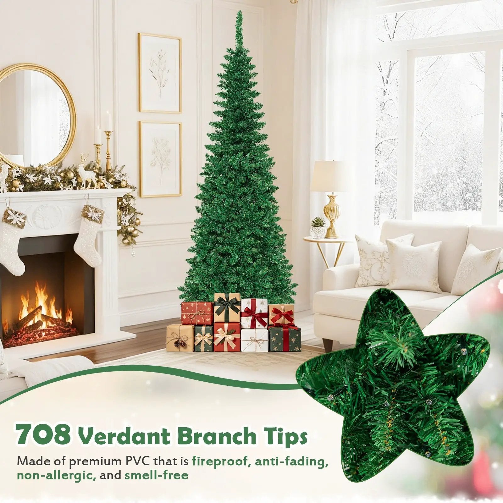 4.5 ft Pre-Lit Premium Hinged Artificial Fir Pencil Christmas Tree with LED Lights by DirectDeals