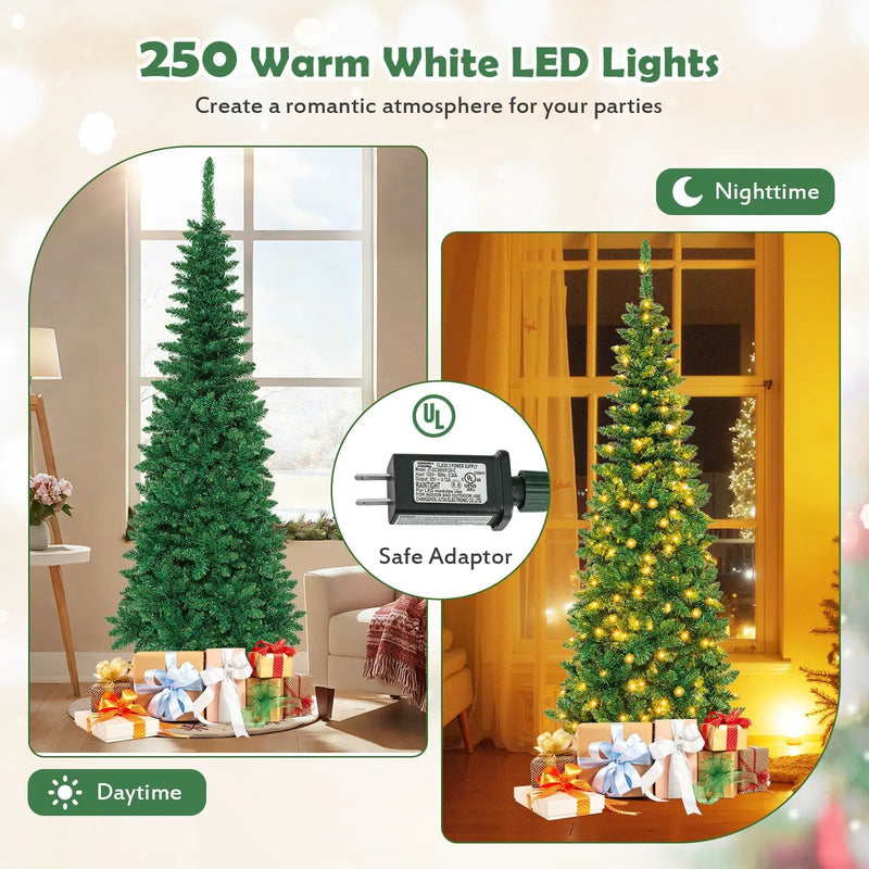 4.5 ft Pre-Lit Premium Hinged Artificial Fir Pencil Christmas Tree with LED Lights by DirectDeals