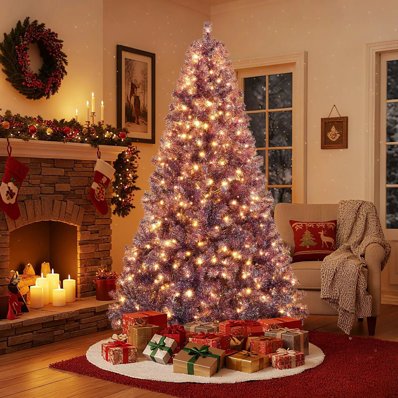 Pre-Lit Tinsel Christmas Tree Artificial Xmas Tree with Lush Branch Tips and Warm White LED Lights by DirectDeals