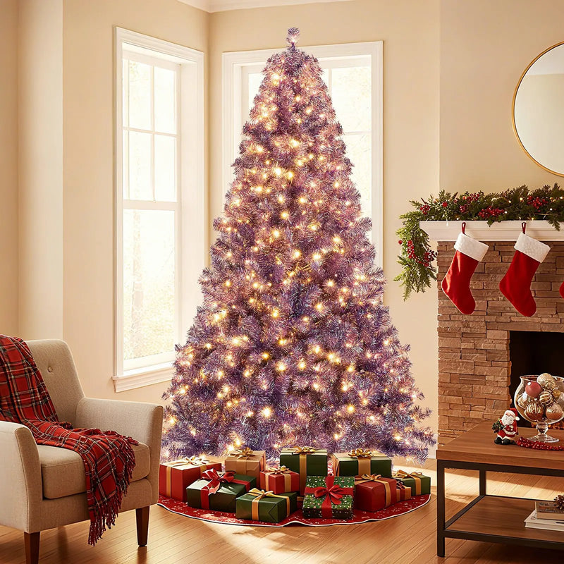 Pre-Lit Tinsel Christmas Tree Artificial Xmas Tree with Lush Branch Tips and Warm White LED Lights by DirectDeals