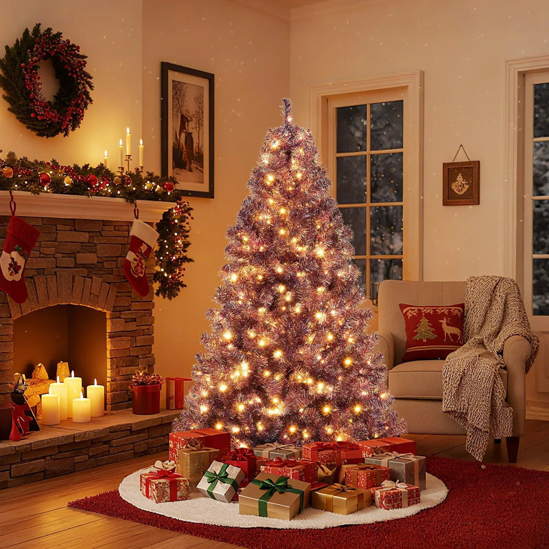 Pre-Lit Tinsel Christmas Tree Artificial Xmas Tree with Lush Branch Tips and Warm White LED Lights by DirectDeals