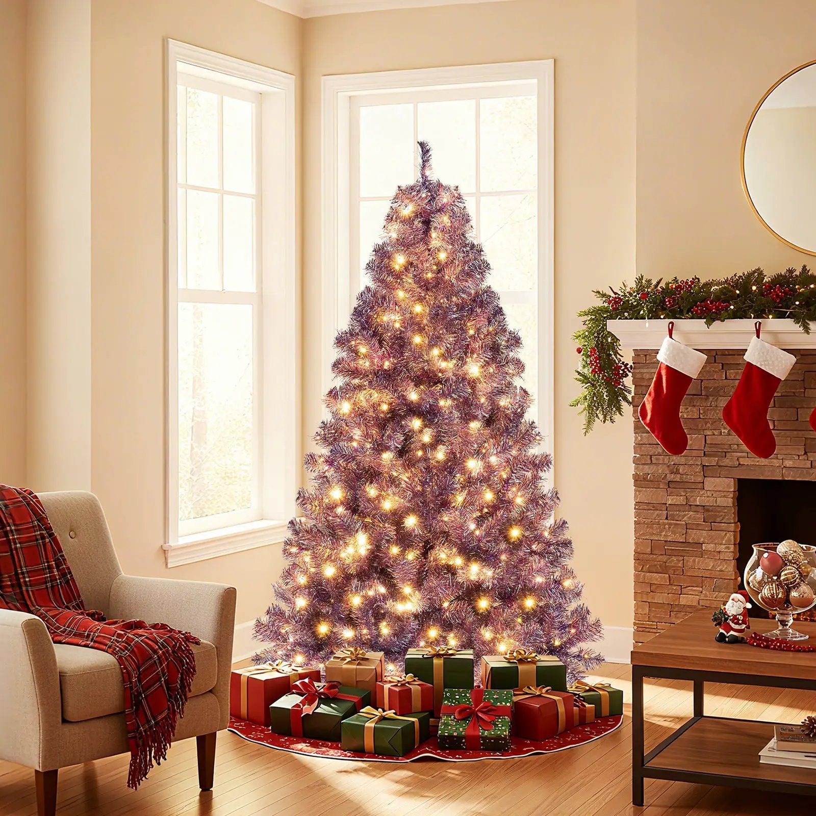 Pre-Lit Tinsel Christmas Tree Artificial Xmas Tree with Lush Branch Tips and Warm White LED Lights by DirectDeals