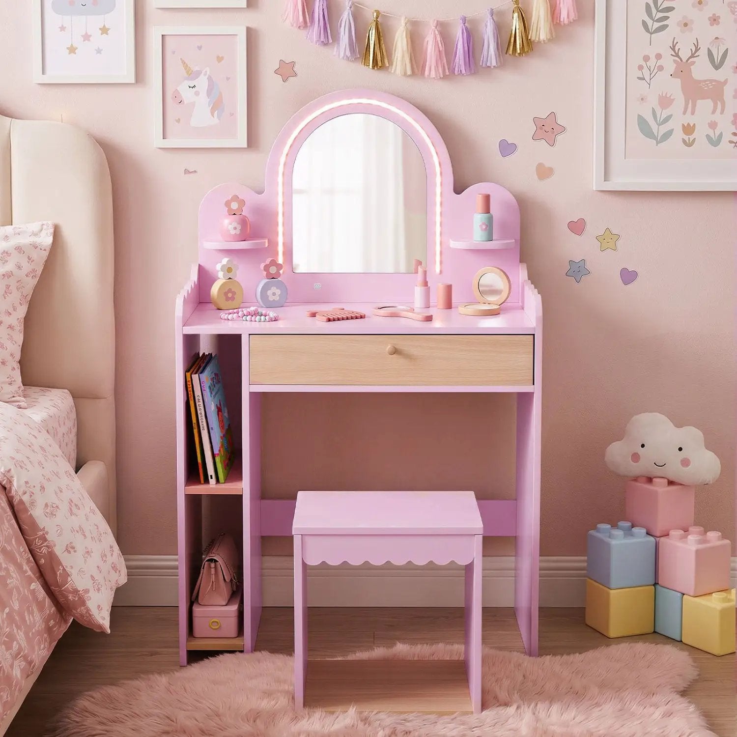 Kids Vanity Table Set with LED Mirror and Stool - Pink by DirectDeals
