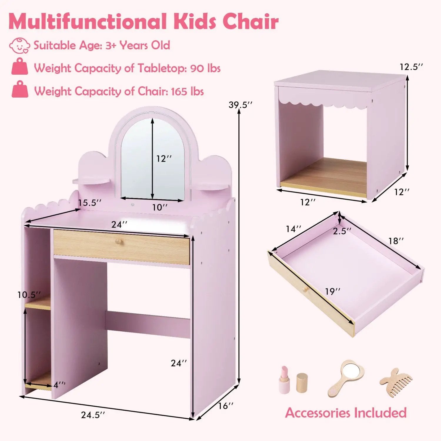 Kids Vanity Table Set with LED Mirror and Stool - Pink by DirectDeals