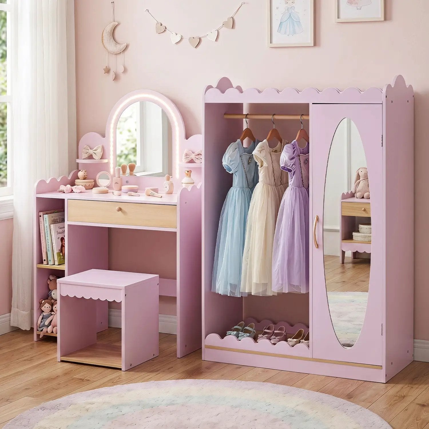 Kids Vanity Table Set with LED Mirror and Stool - Pink by DirectDeals