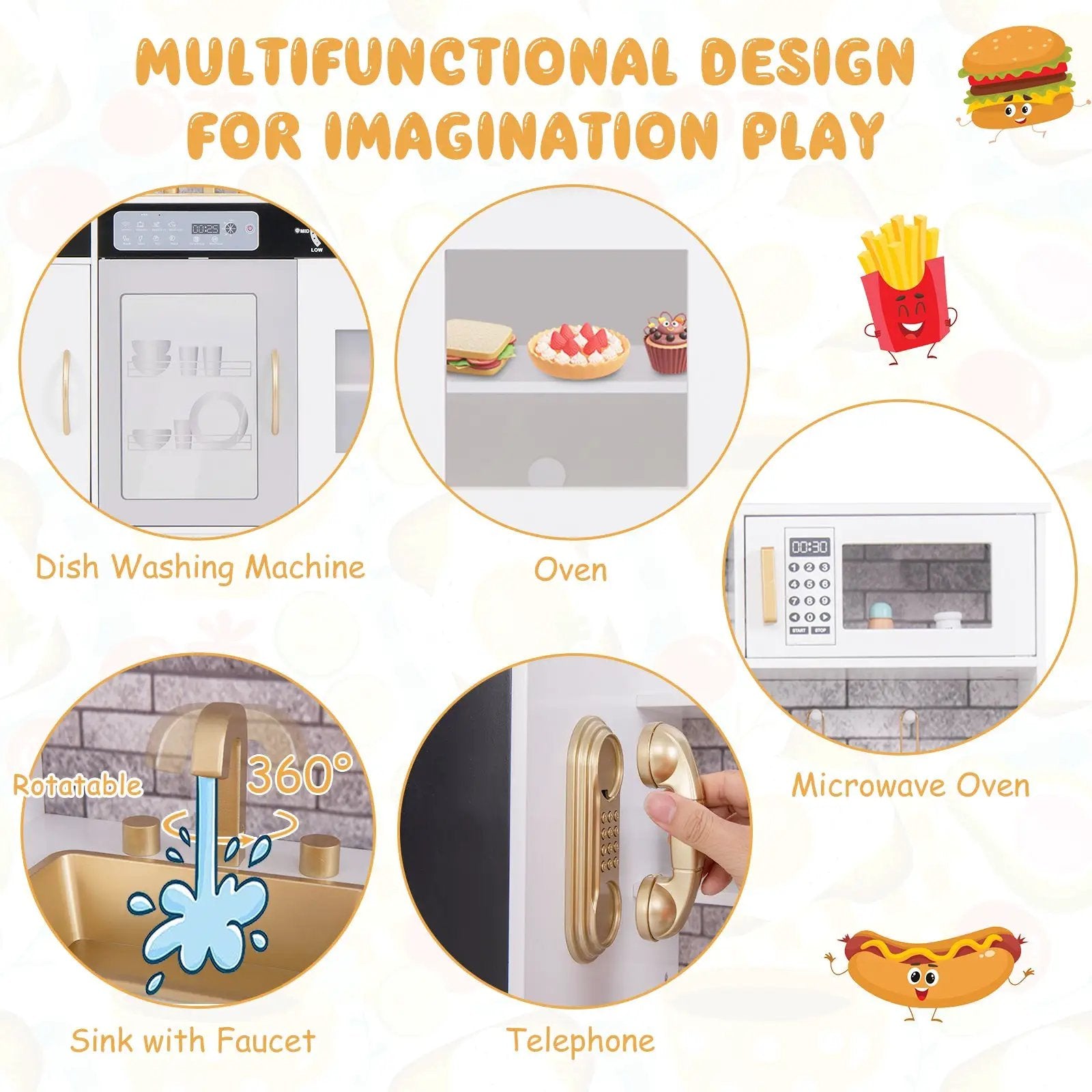 Pretend Play Kitchen with Utensils for Kids Aged 3+-White by DirectDeals