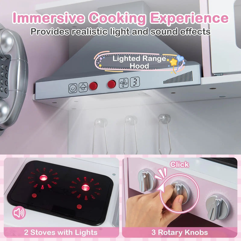 Pretend Play Kitchen Toy Kitchen Playset with Range Hood Ice Maker and Telephone by DirectDeals