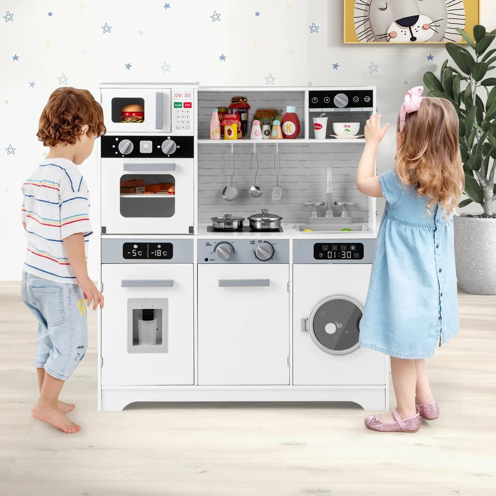 Pretend Play Kitchen Wooden Toy Set Kitchen Accessory Playset with Real Lights Sounds by DirectDeals