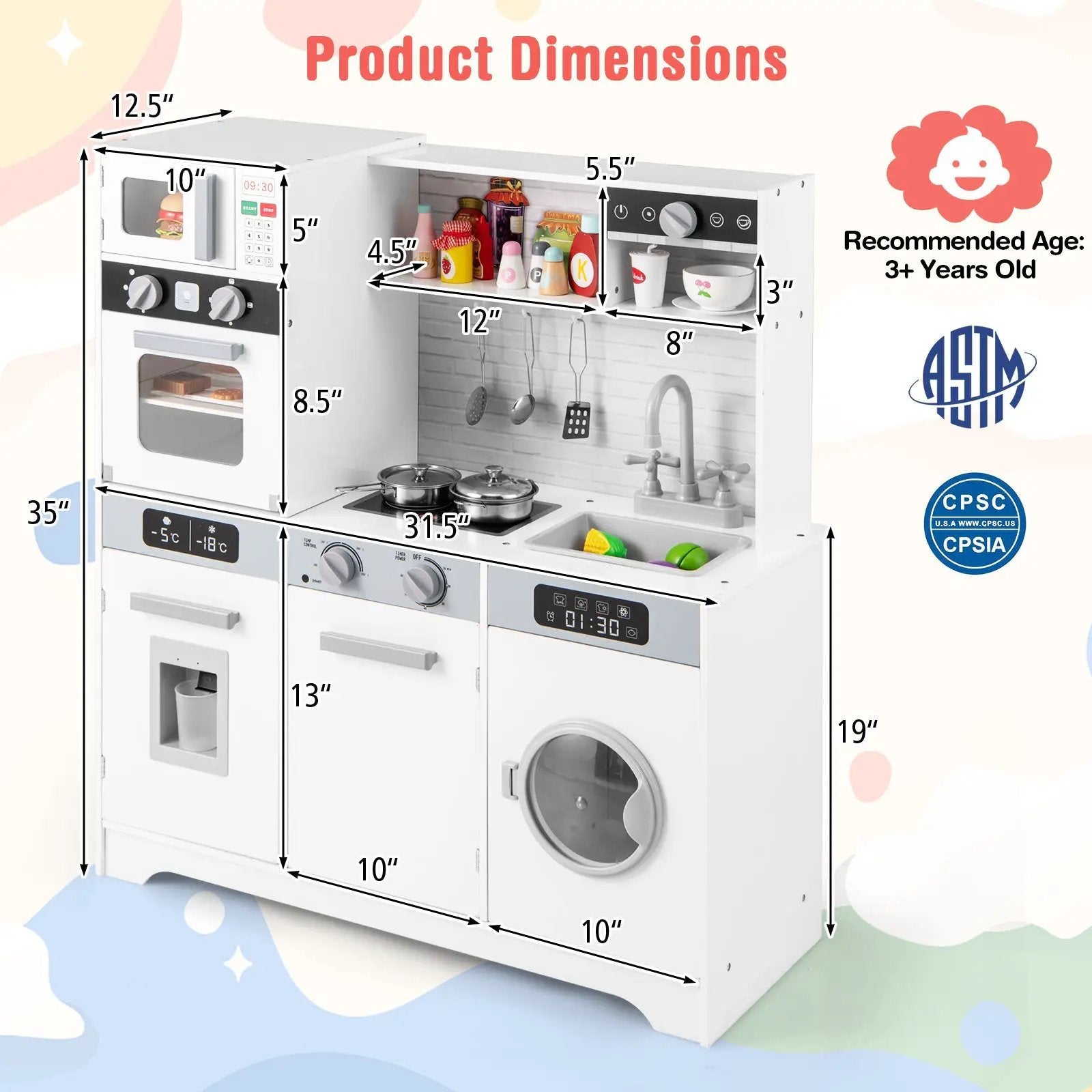 Pretend Play Kitchen Wooden Toy Set Kitchen Accessory Playset with Real Lights Sounds by DirectDeals