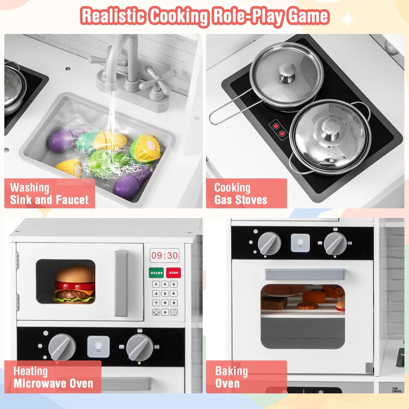 Pretend Play Kitchen Wooden Toy Set Kitchen Accessory Playset with Real Lights Sounds by DirectDeals