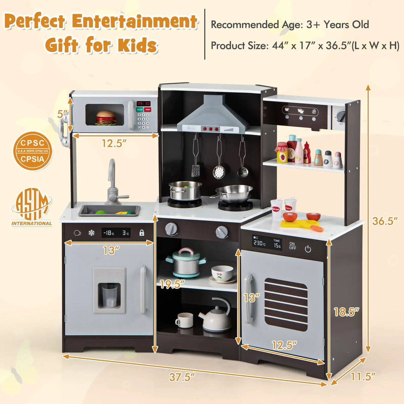 Pretend Play Kitchen Wooden Toy Set with Range Hood Real Sounds and Lights by DirectDeals