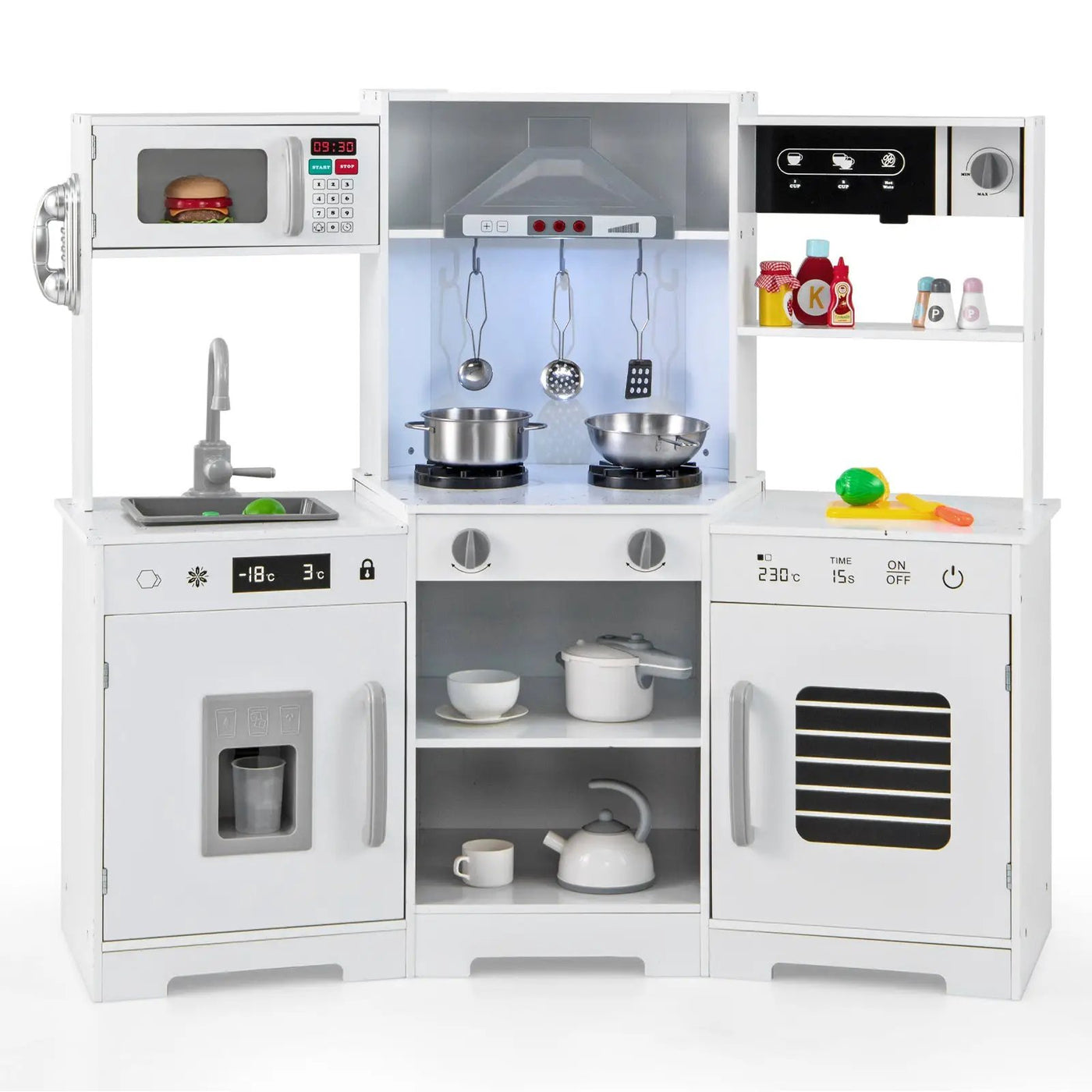 Pretend Play Kitchen Wooden Toy Set with Range Hood Real Sounds and Lights by DirectDeals