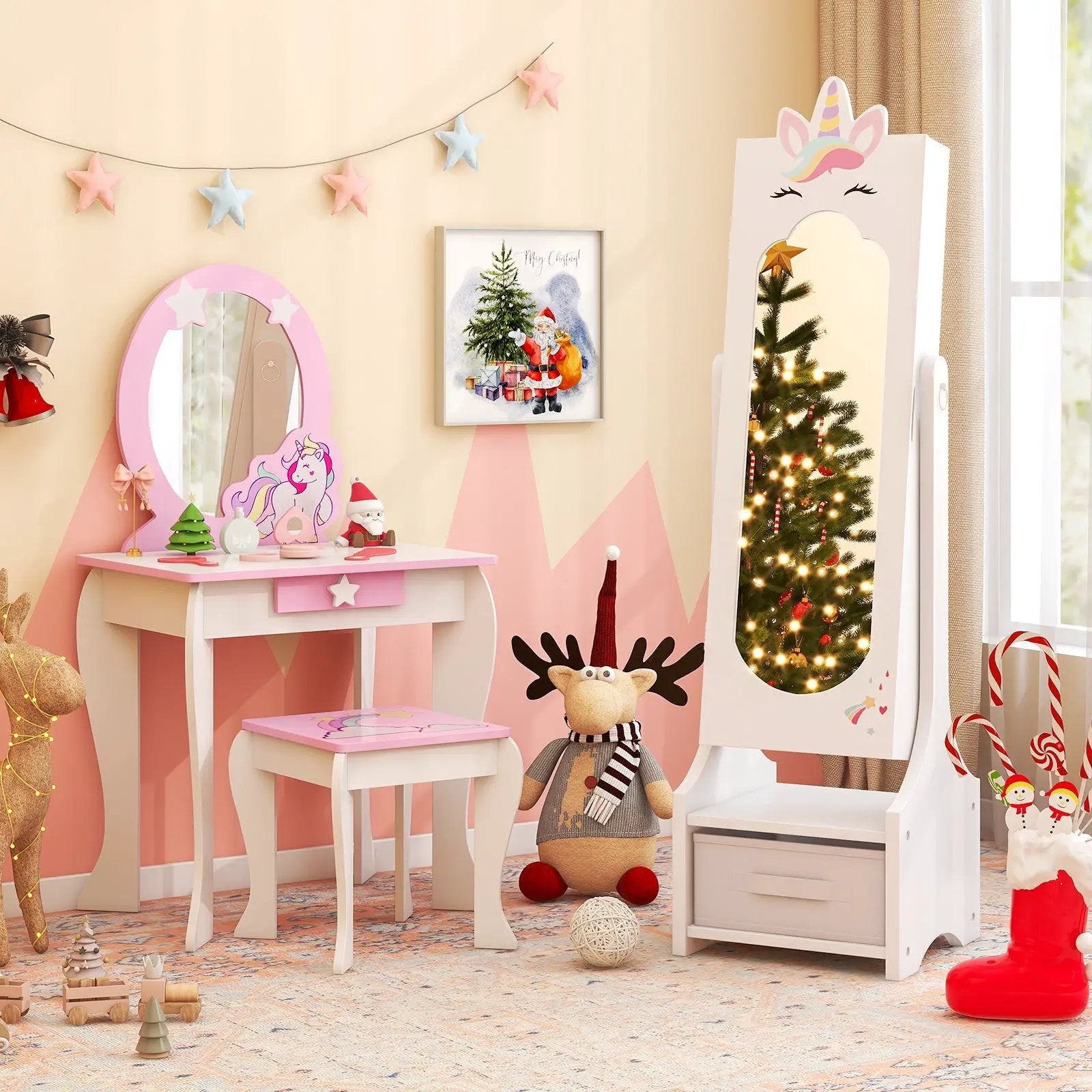 Kids Princess Vanity Table and Stool Set with Jewelry Cabinet and Mirror Drawer by DirectDeals