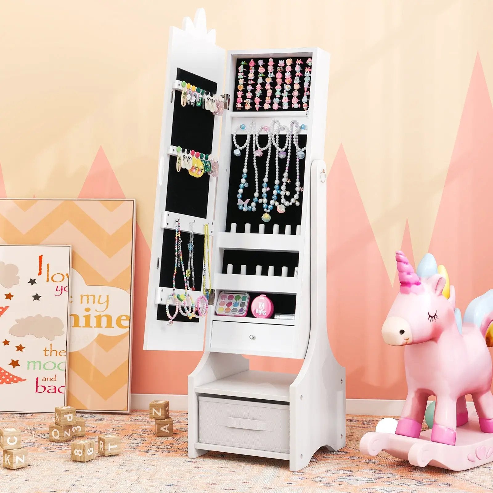 Kids Princess Vanity Table and Stool Set with Jewelry Cabinet and Mirror Drawer by DirectDeals