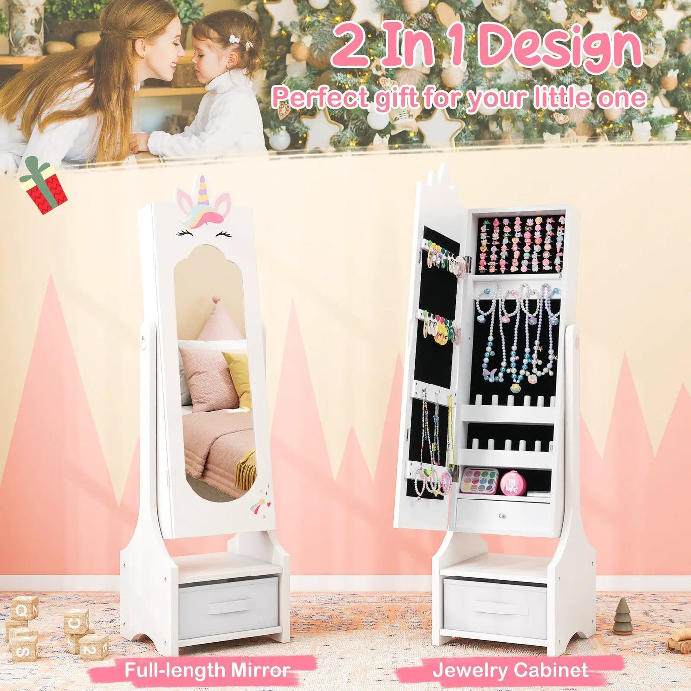 Kids Princess Vanity Table and Stool Set with Jewelry Cabinet and Mirror Drawer by DirectDeals