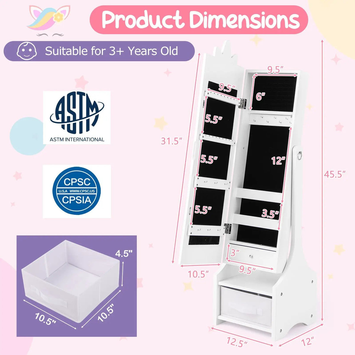 Kids Princess Vanity Table and Stool Set with Jewelry Cabinet and Mirror Drawer by DirectDeals