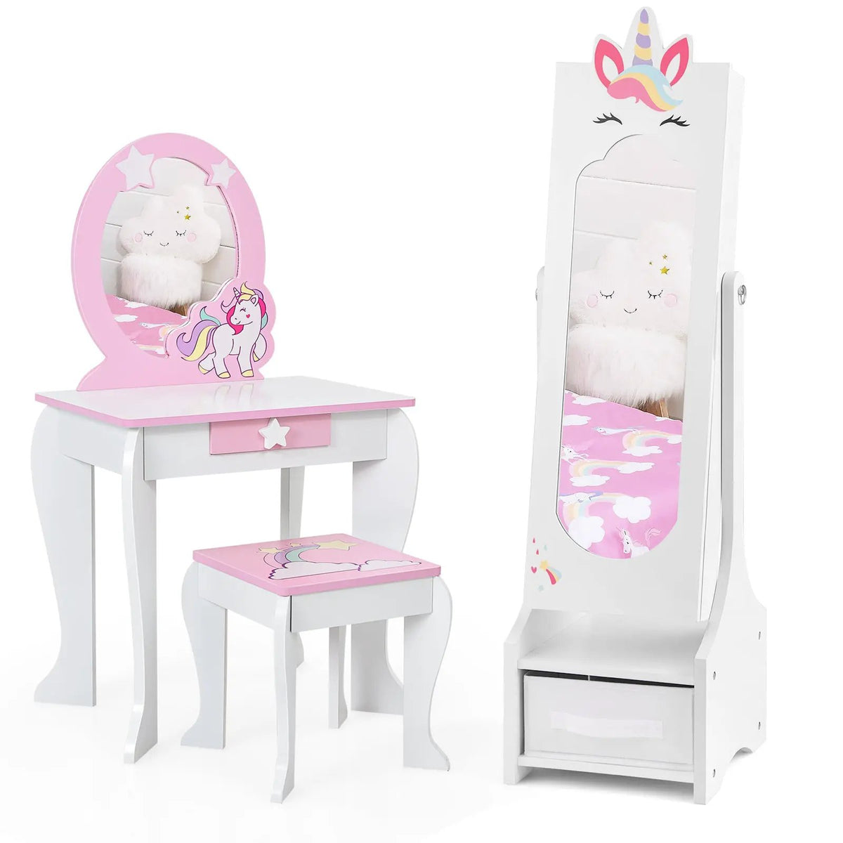 Kids Princess Vanity Table and Stool Set with Jewelry Cabinet and Mirror Drawer by DirectDeals