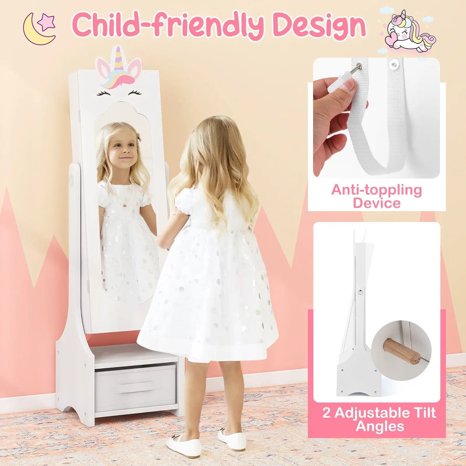 Kids Princess Vanity Table and Stool Set with Jewelry Cabinet and Mirror Drawer by DirectDeals