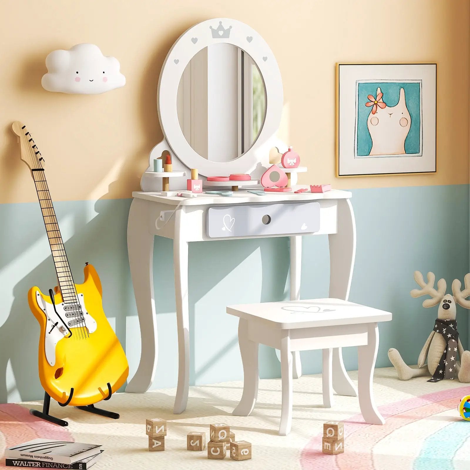 Kids 2-in-1 Princess Makeup Table and Chair Set with Removable Mirror-White by DirectDeals