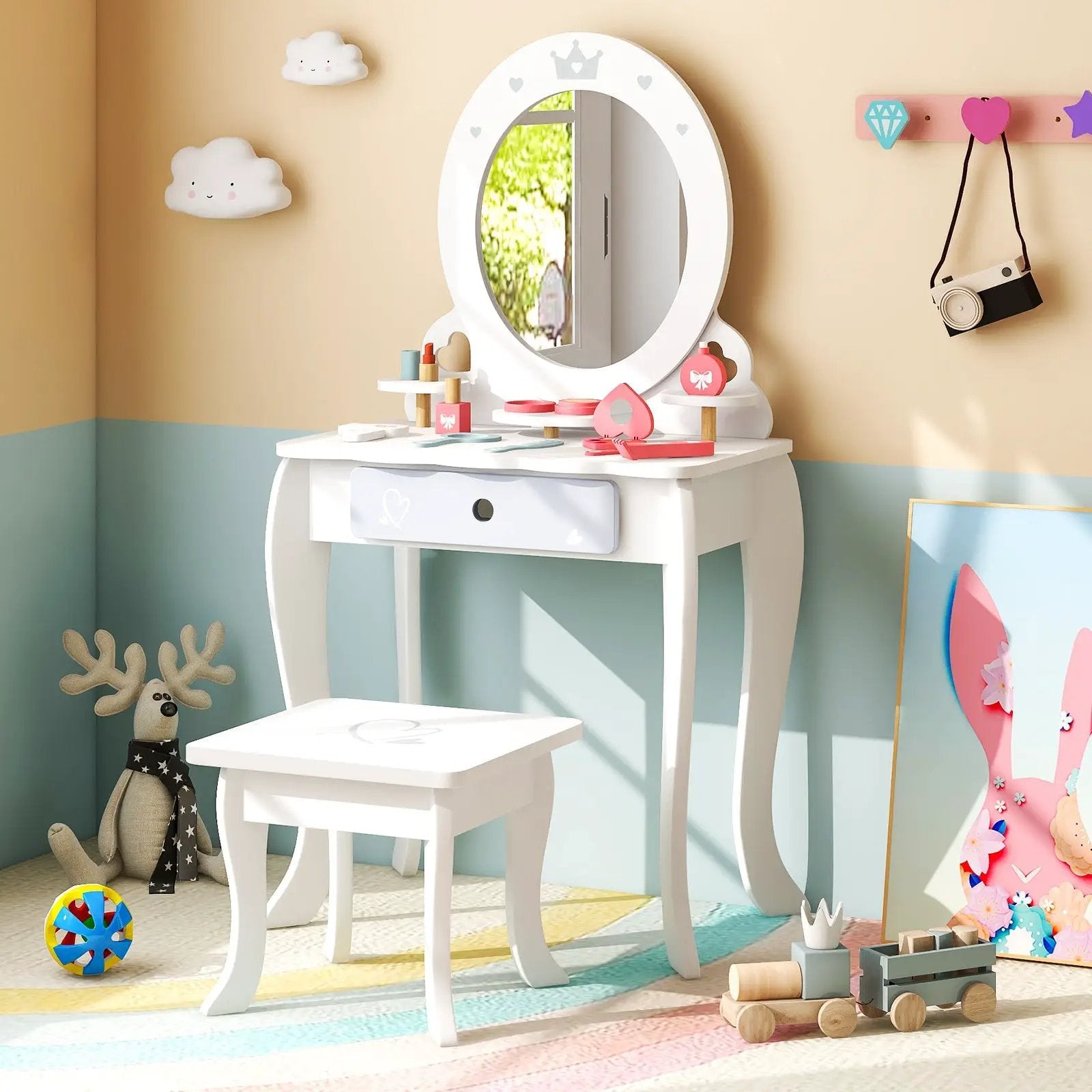 Kids 2-in-1 Princess Makeup Table and Chair Set with Removable Mirror-White by DirectDeals