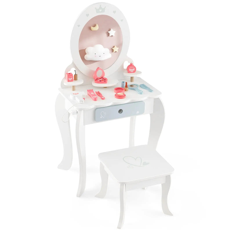 Kids 2-in-1 Princess Makeup Table and Chair Set with Removable Mirror-White by DirectDeals