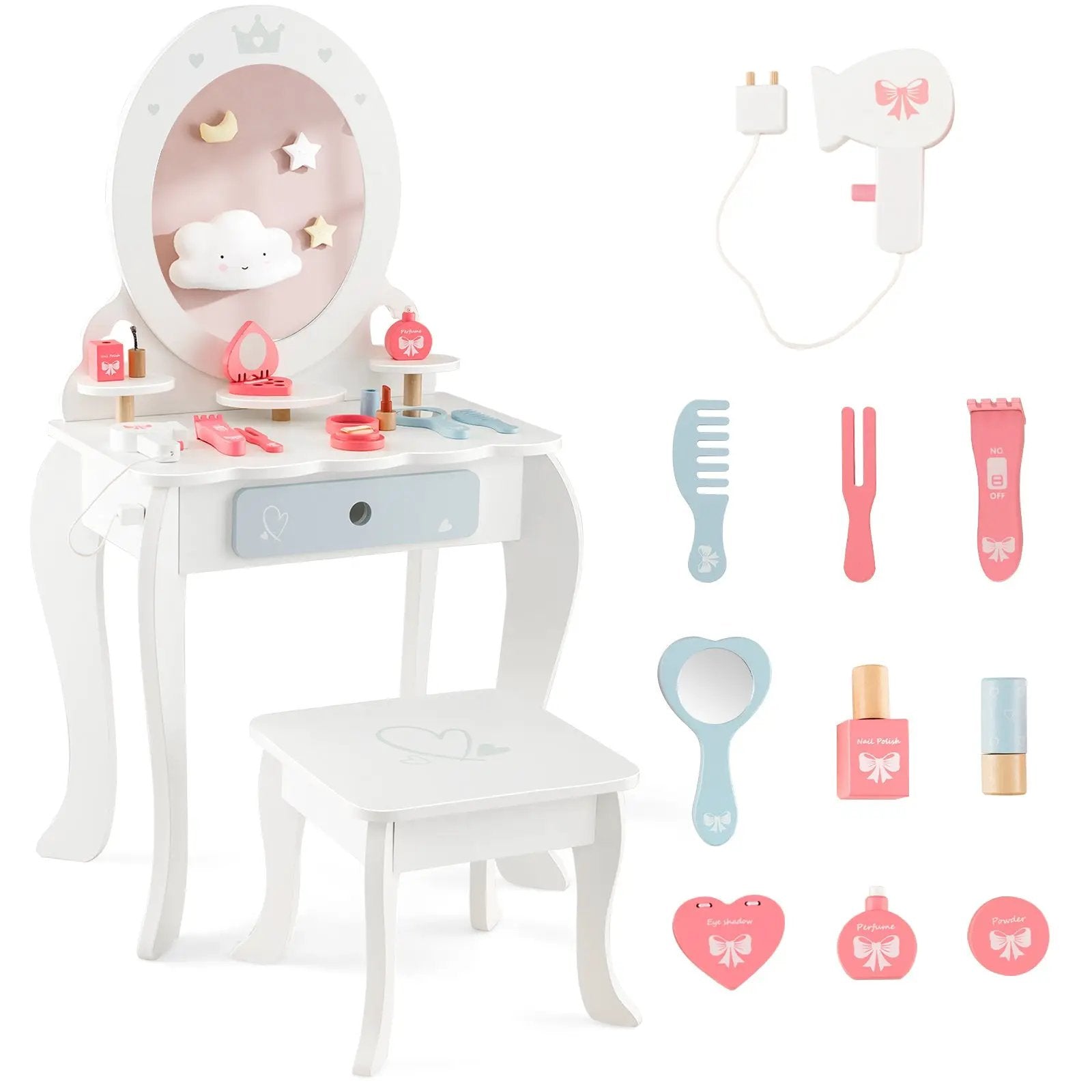 Kids 2-in-1 Princess Makeup Table and Chair Set with Removable Mirror-White by DirectDeals