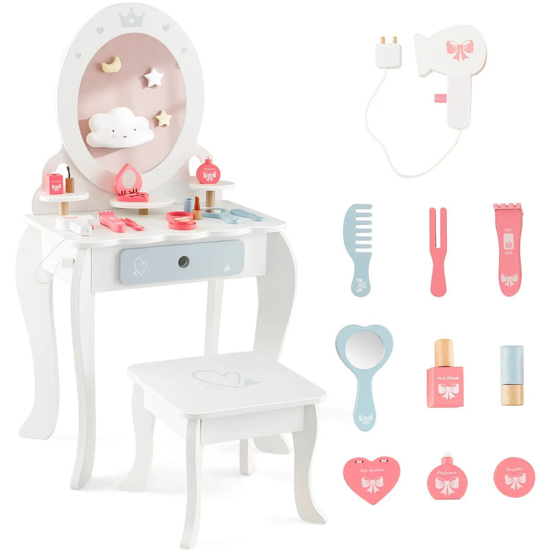 Kids 2-in-1 Princess Makeup Table and Chair Set with Removable Mirror-White by DirectDeals