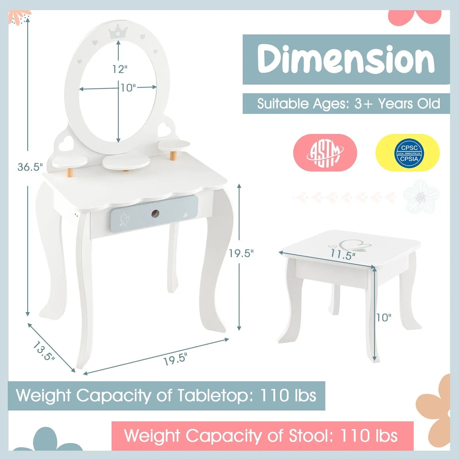 Kids 2-in-1 Princess Makeup Table and Chair Set with Removable Mirror-White by DirectDeals