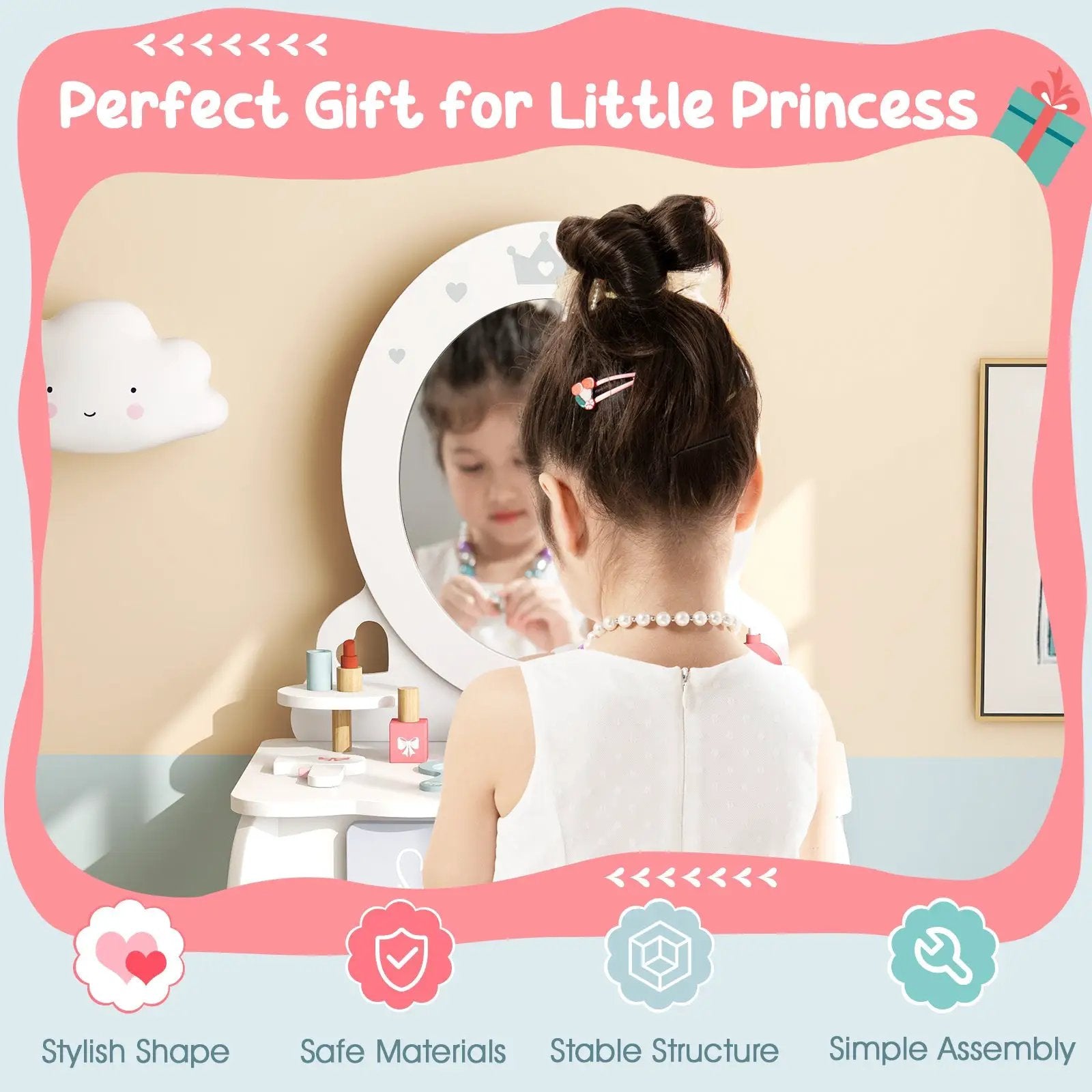 Kids 2-in-1 Princess Makeup Table and Chair Set with Removable Mirror-White by DirectDeals
