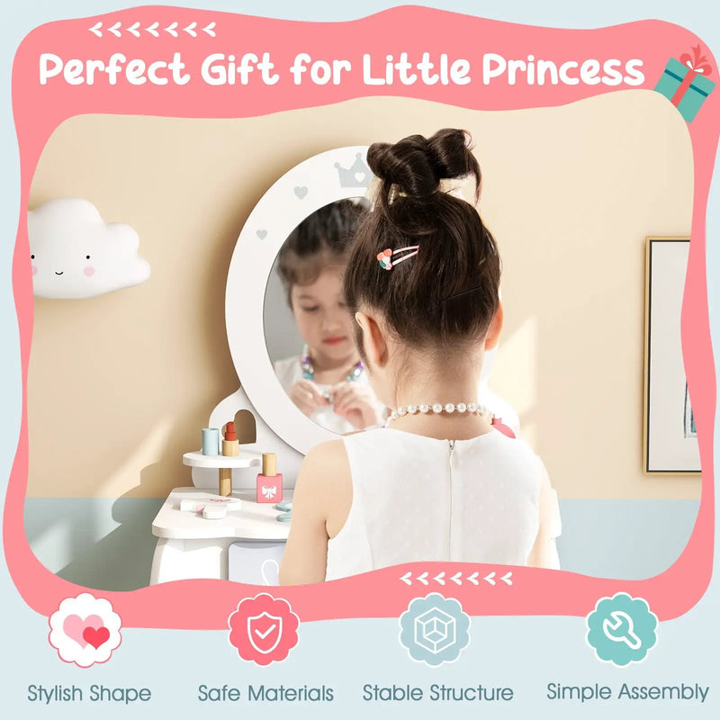 Kids 2-in-1 Princess Makeup Table and Chair Set with Removable Mirror-White by DirectDeals