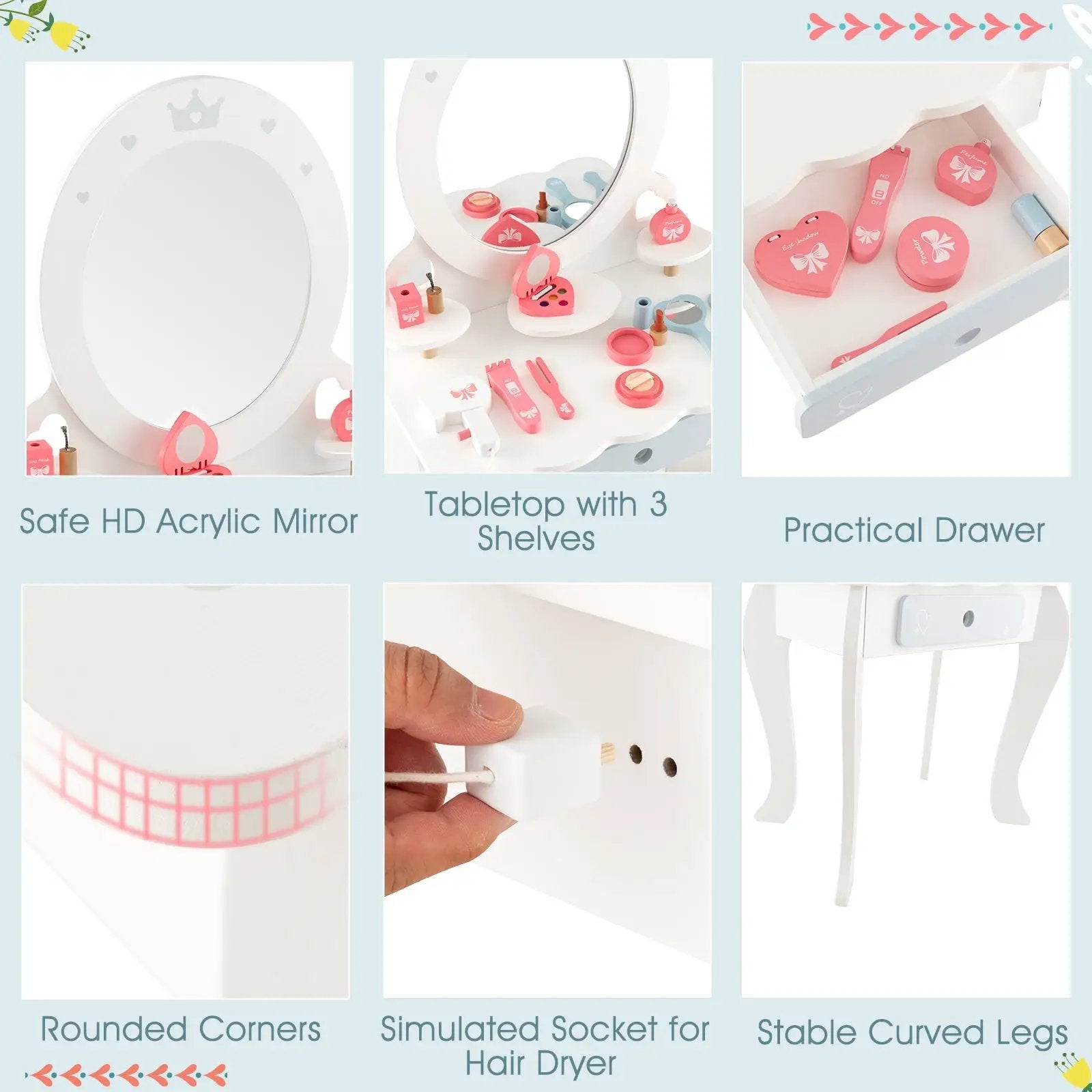 Kids 2-in-1 Princess Makeup Table and Chair Set with Removable Mirror-White by DirectDeals