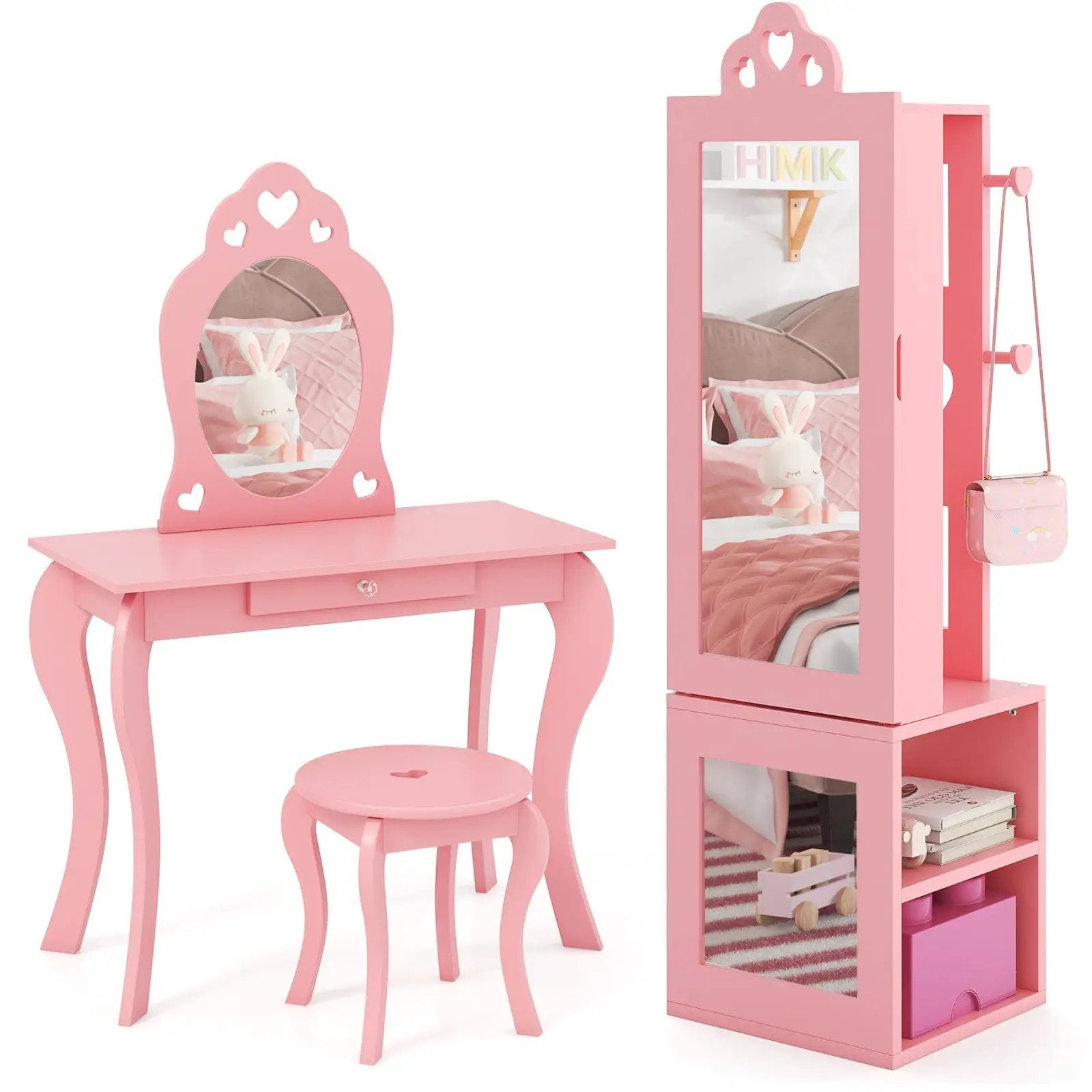 Princess Vanity Table and Stool Set Freestanding Jewelry Cabinet Armoire with Full-Length Mirror by DirectDeals