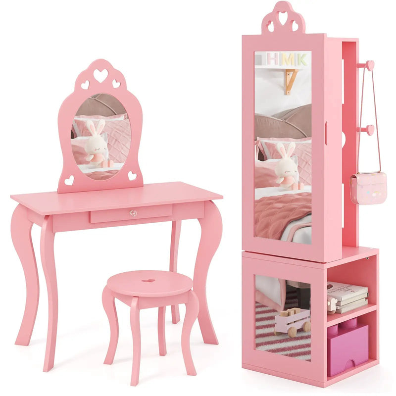 Princess Vanity Table and Stool Set Freestanding Jewelry Cabinet Armoire with Full-Length Mirror by DirectDeals