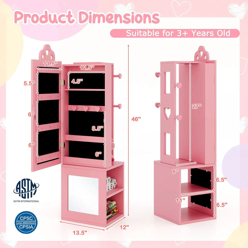 Princess Vanity Table and Stool Set Freestanding Jewelry Cabinet Armoire with Full-Length Mirror by DirectDeals