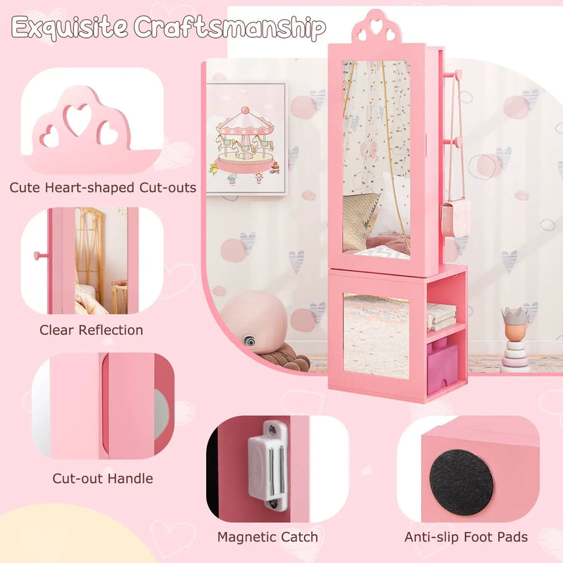 Princess Vanity Table and Stool Set Freestanding Jewelry Cabinet Armoire with Full-Length Mirror by DirectDeals