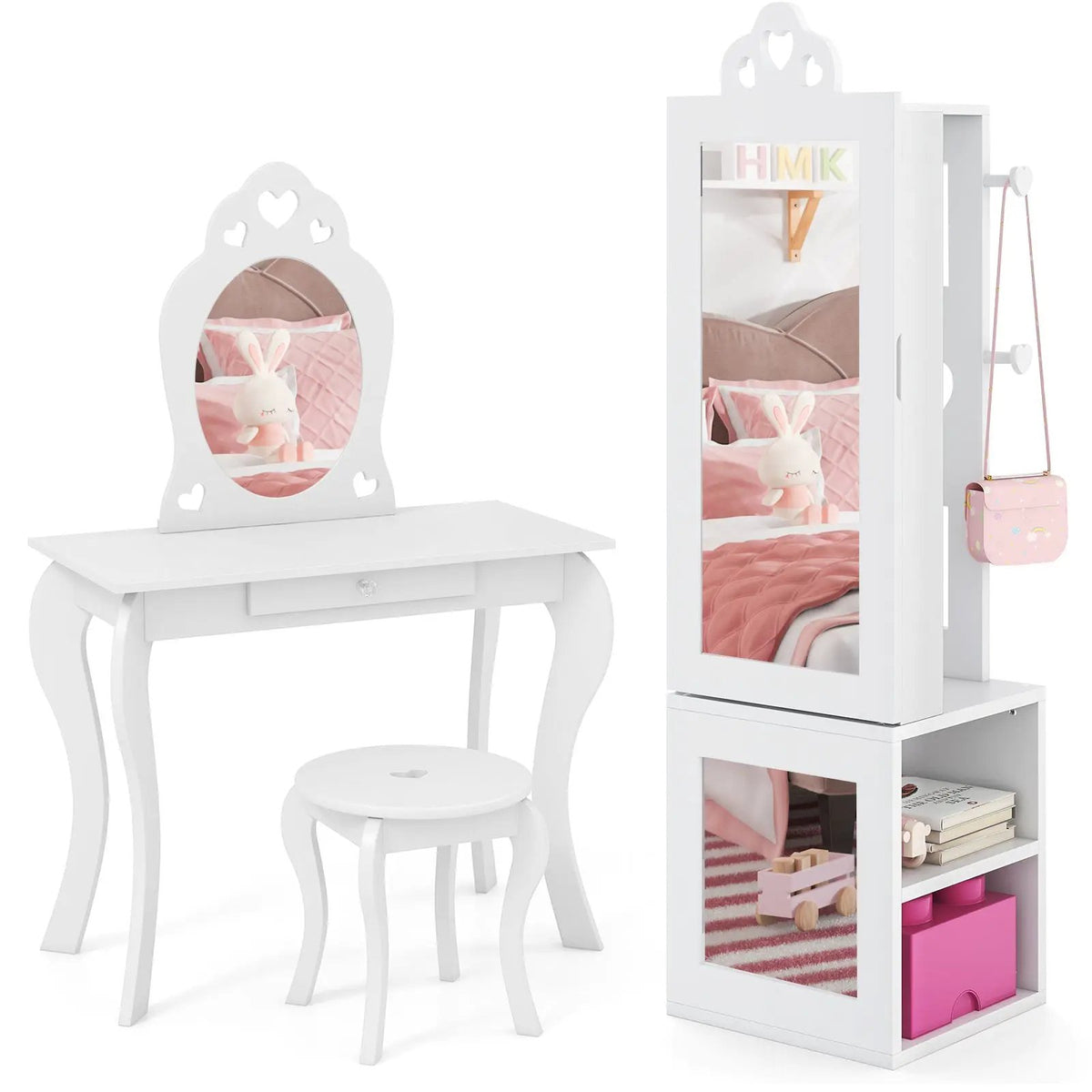 Princess Vanity Table and Stool Set Freestanding Jewelry Cabinet Armoire with Full-Length Mirror by DirectDeals