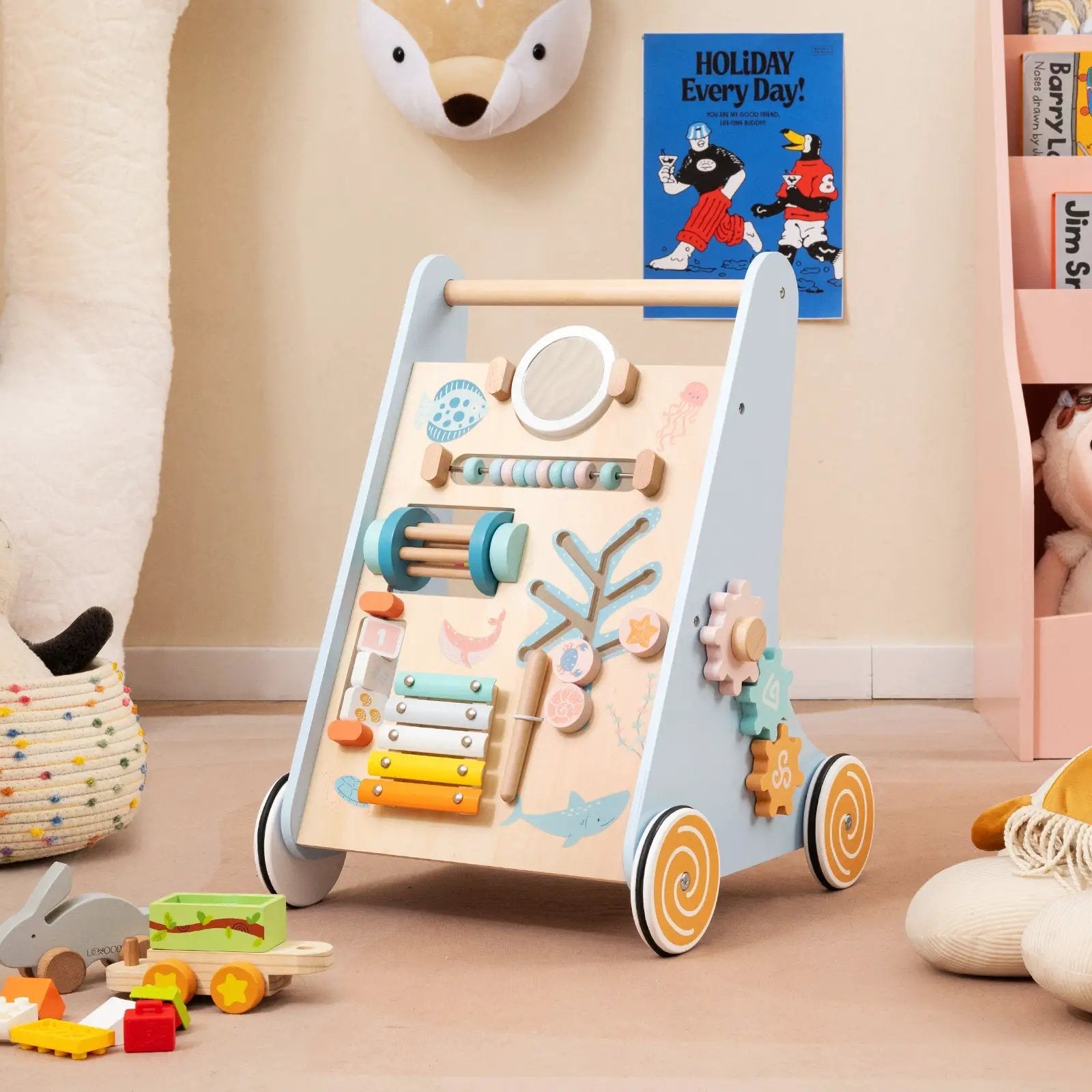 Wooden Baby Walker Push and Pull Learning Activity Center with Wheels-Blue by DirectDeals