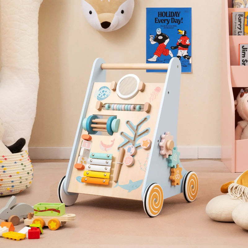 Wooden Baby Walker Push and Pull Learning Activity Center with Wheels-Blue by DirectDeals