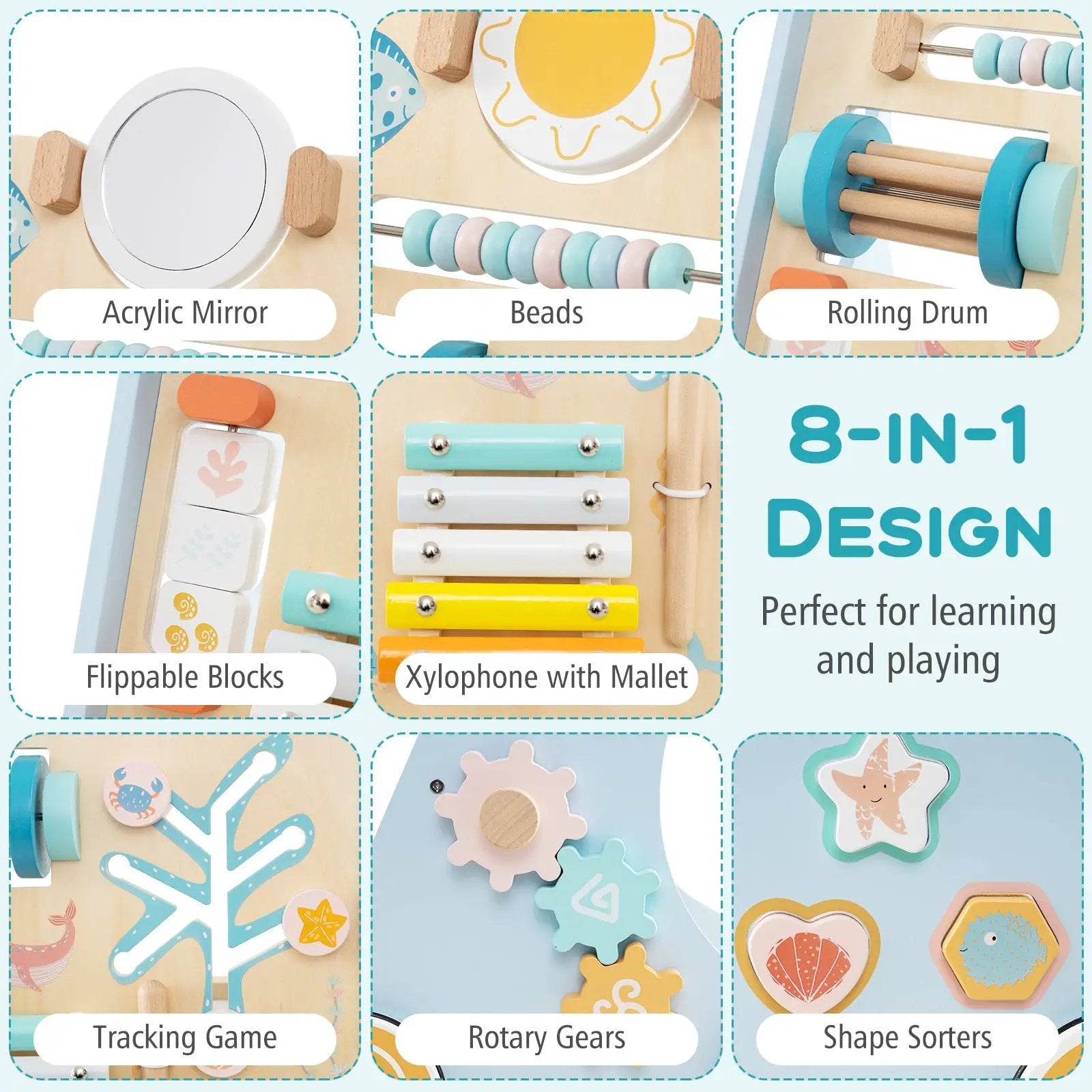 Wooden Baby Walker Push and Pull Learning Activity Center with Wheels-Blue by DirectDeals
