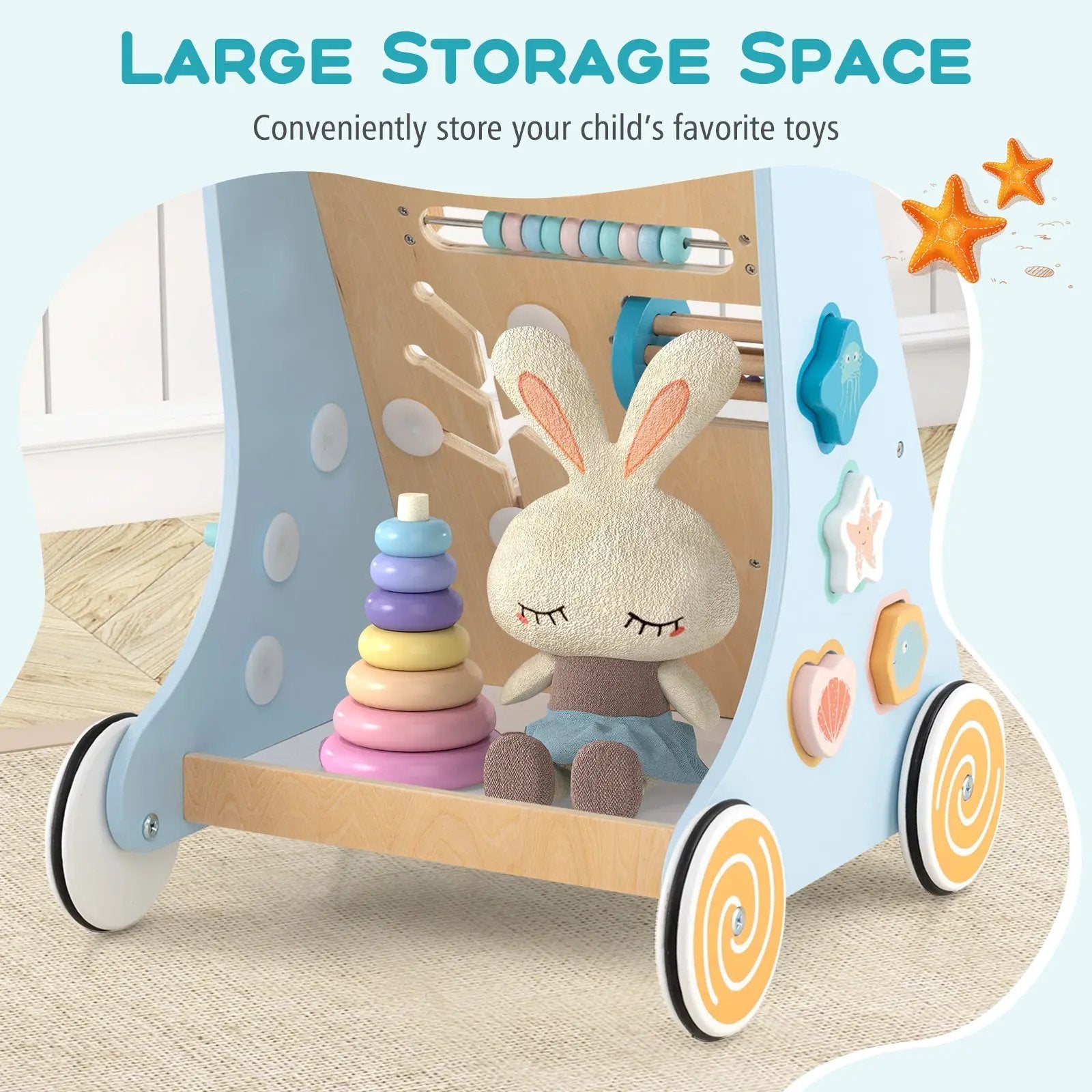 Wooden Baby Walker Push and Pull Learning Activity Center with Wheels-Blue by DirectDeals
