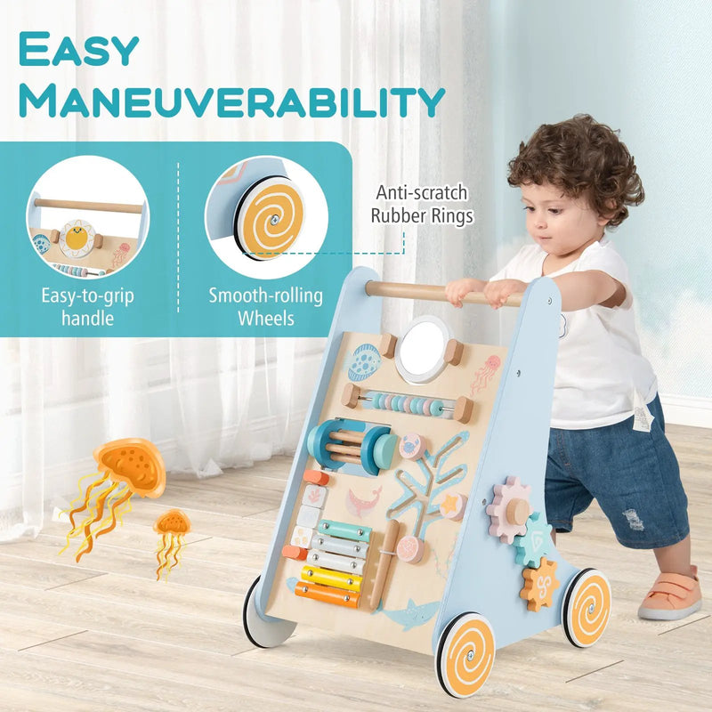 Wooden Baby Walker Push and Pull Learning Activity Center with Wheels-Blue by DirectDeals
