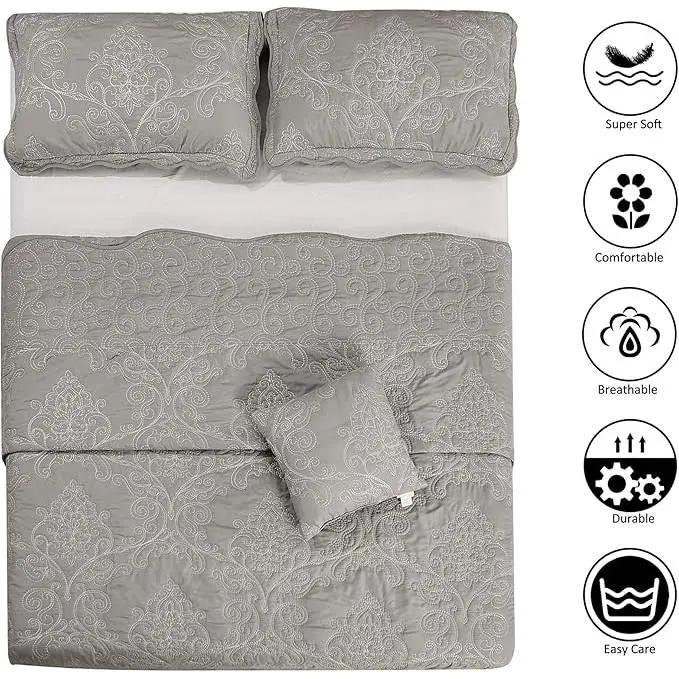 Queen size Ash Grey Damask Embroidered 4 Piece Oversized Bedspread Set by HomePacific