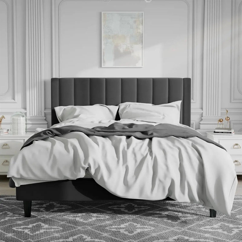 Queen size Black Velvet Upholstered Platform Bed Frame with Headboard by HomePacific