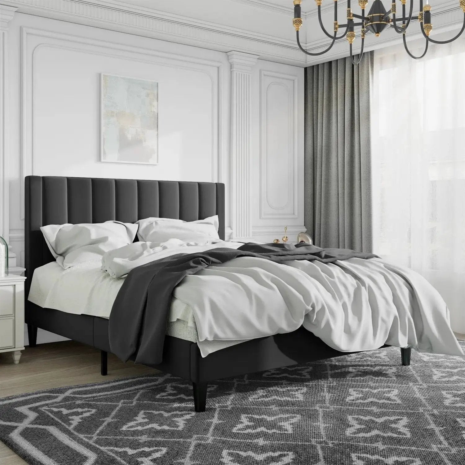 Queen size Black Velvet Upholstered Platform Bed Frame with Headboard by HomePacific