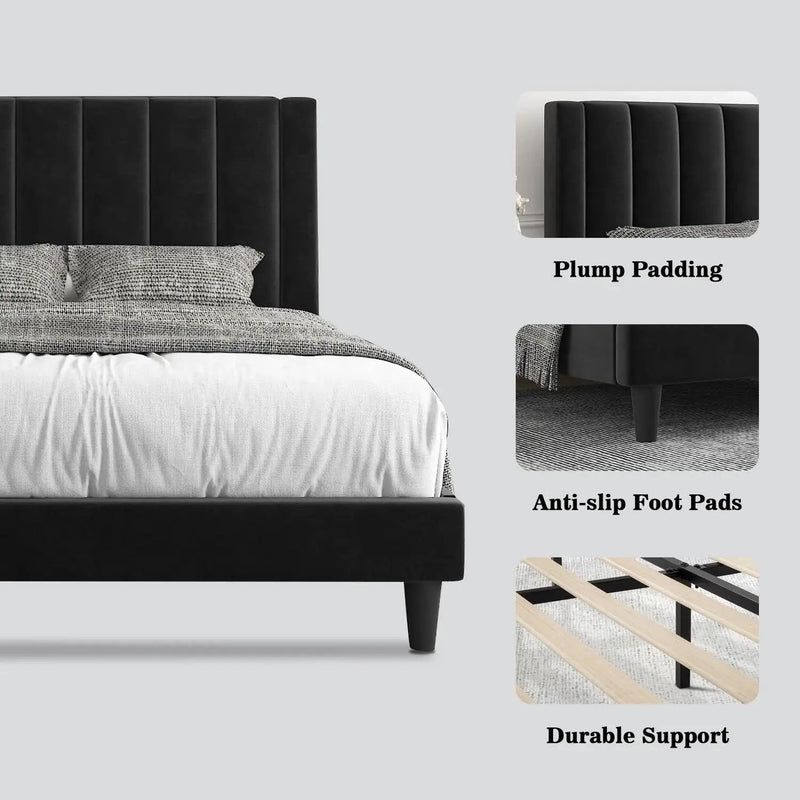 Queen size Black Velvet Upholstered Platform Bed Frame with Headboard by HomePacific