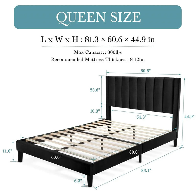 Queen size Black Velvet Upholstered Platform Bed Frame with Headboard by HomePacific