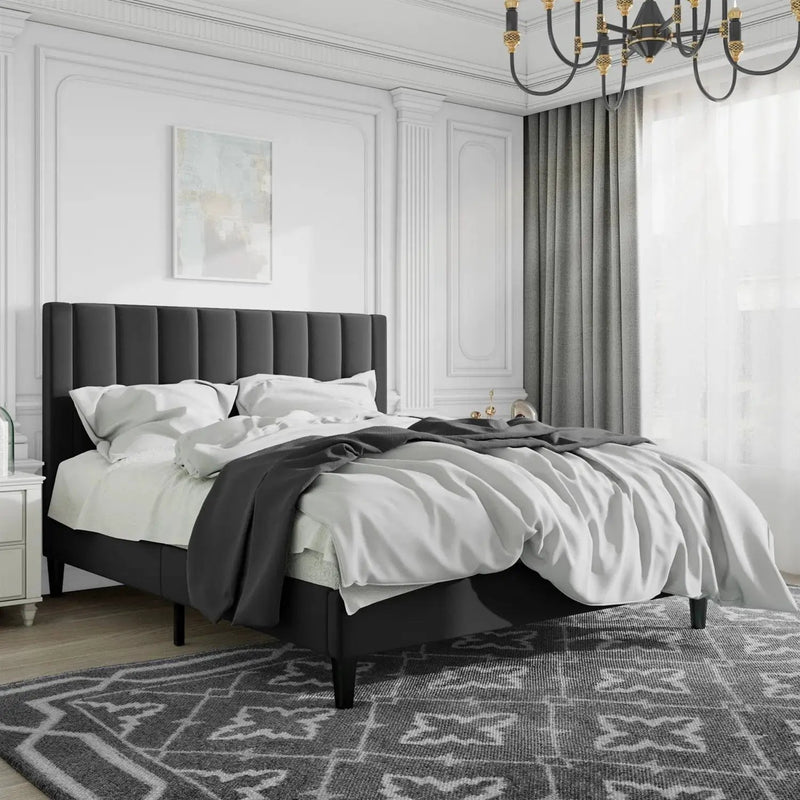 Queen size Modern Black Velvet Upholstered Platform Bed with Headboard by HomePacific