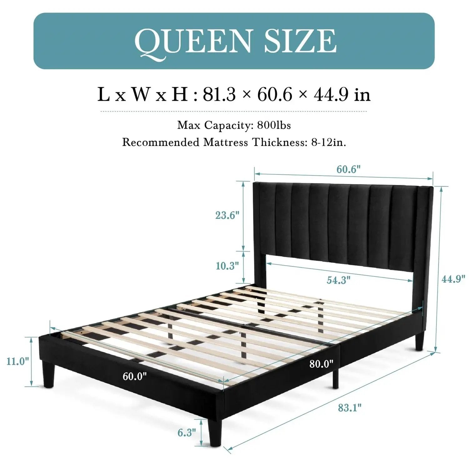 Queen size Modern Black Velvet Upholstered Platform Bed with Headboard by HomePacific
